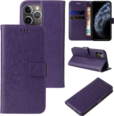 Produktbild von Handyhülle für Apple iPhone 11 Pro Floral Blumen Schmetterling Flip Cover Hülle Case Klapphülle Handytasche Farbe: Violett
