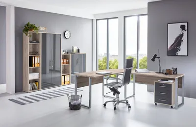 Produktbild von Büromöbel-Set TABOR PRO 4 in Eiche Sonoma / anthrazit Hochglanz, Arbeitszimmer Komplett-Set