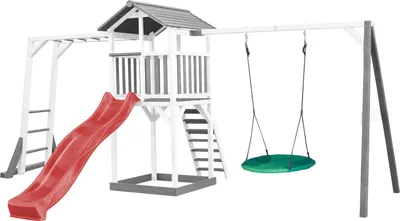 Produktbild von AXI Beach Tower Spielturm aus Holz in Weiß & Grau | Spielhaus für Kinder mit roter Rutsche, Klettergerüst, Nestschaukel und Sandkasten | Stelzenhaus für den Garten