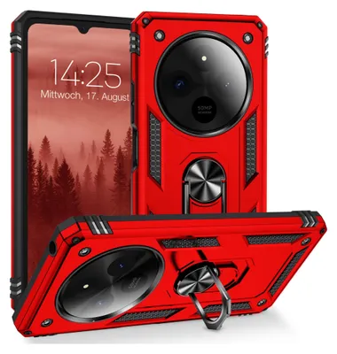 A red phone case with a built-in ring stand, shown from multiple angles, with a phone screen visible in one angle.