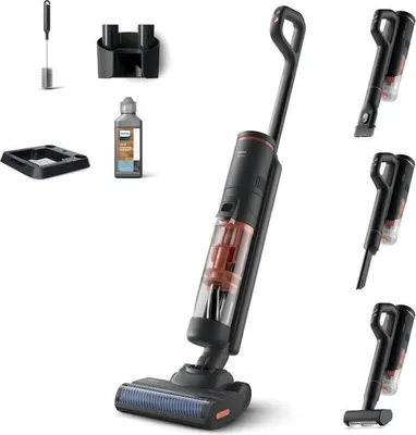 Produktbild von Akku Staubsauger und Wischmopp 2-in-1 PHILIPS Serie 6000 PowerCyclone Aqua, 25 Min. Autonomie, 450ml/420ml Tank, Schwarz & Koralle