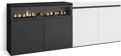 Produktbild von Sideboard, Highboard, 200x35x75cm, 4 Türen, Elektrokamin. Weiß und Schwarz