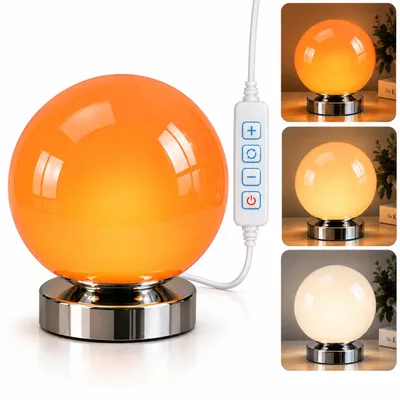 Produktbild von Tischlampe Glas Orange mit 3 Farbtemperaturen, 6 Helligkeitsstufen, USB-Controller, kabelgebundene dimmbare Nachttischlampe für Schlafzimmer, Lesen