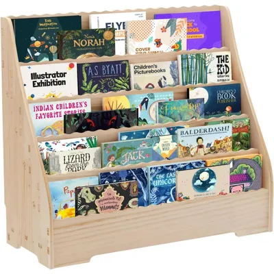 Image de Étagère en bois pour enfants - Rangement à 5 niveaux - Étagère autonome pour chambre d'enfant - Rangement pour magazines - Autoportante - Bois naturel