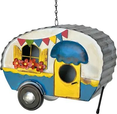 Produktbild von DanDiBo Vogelhaus zum Aufhängen Metall Deko Wohnwagen Wetterfest 96254 Nistkasten Futterstation für Vögel Shabby mit Kette Caravan Camper Balkon
