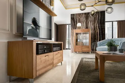 Productafbeelding van Woonkamer set, wandmeubel Latina, 4-delig, honingkleurige eik, gedeeltelijk massief, met lage kast en vitrine