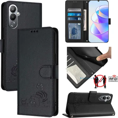 Produktbild von Leder Hülle für Tecno Pova 4 Pro Süße Katze Flip Case Brieftasche Schutzhülle mit Standfunktion Schwarz