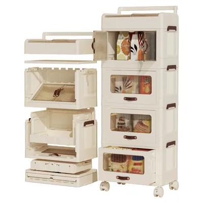 Produktbild von Heikoeco® Faltbare Schubladenboxen mit Deckel& Rollen, Rollcontainer mit Schubladen weiß, Schubladenschrank Kunststoff  (3 Schubladen+1 Flügeltür)