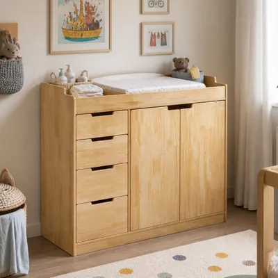 Produktbild von Wickelkommode aus massiv Kiefer 118x45x100cm, 4 Schubladen + Doppeltür, abgerundete Kanten, Einbuchtgriffe, Baby Stauraumschrank für Kinderzimmer