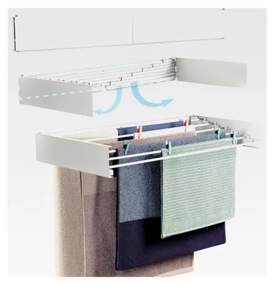 Produktbild von Wand-Wäschetrockner 100 cm – 6 klappbare und ausziehbare Stangen – 6 m Trockenlänge – bis 25 kg – platzsparend – für Innen- und Außenbereich – Weiß
