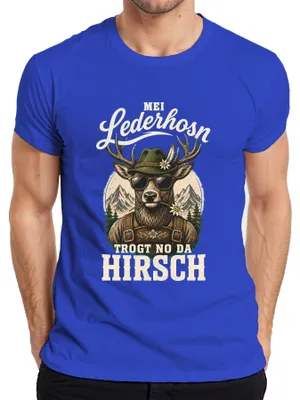 Produktbild von Mei Lederhosn trogt no da Hirsch  Bayern Lederhose Herren T-Shirt, Blau, L