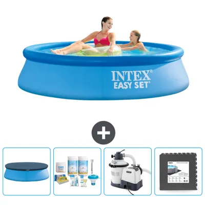 Produktbild von Intex runder aufblasbarer Easy Set-Pool – 244 x 61 cm – Blau – im Lieferumfang enthalten Abdeckung - Wartungspaket - Filterpumpe für Schwimmbad - Bodenfliesen