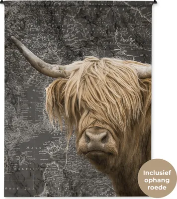Produktbild von MuchoWow® Wandteppich Wandbehang Schottisches Hochlandrind - Weltkarte - Tiere 150x200 cm Tapisserie Dekoration Wandtuch - Wandaufhängung - Moderner