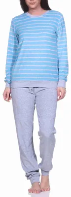 Produktbild von Damen Frottee Pyjama langarm mit Bündchen in edler Streifenoptik - 291 201 13 780 ; hellblau , 36