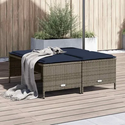 Produktbild von 4er-Set Gartenhocker mit Kissen aus Polyrattan, stapelbare Fußhocker für Terrasse und Balkon, Grau