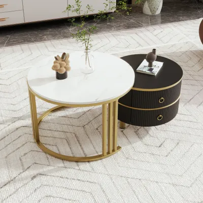 Produktbild von UnboxG 2-in-1 runder MDF-Couchtisch, Couchtischkombination mit 2 Schubladen, 70x70x46 cm + 50x50x40cm