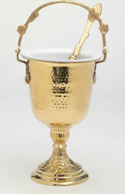 Produktbild von Weihkessel mit Aspergill, Messing gold, Weihwasser-Kessel mit Einsatz aus Stahl, Aspergil im Set inbegriffen