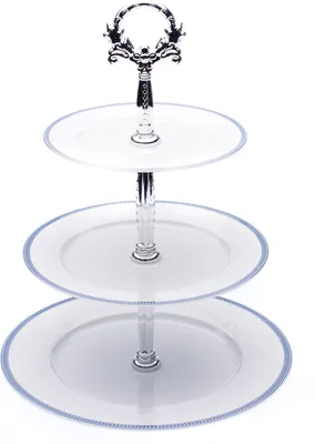 Zdjęcie produktu dla Thun 1794 Opal, etażerka, biała koronka, niebieska obwódka, srebrny klucz, porcelana Thun