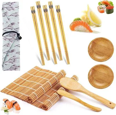 Produktbild von Unyqoos® Sushi-Set aus 100% natürlichem Bambus – 2 Sushimatten, 5 Paar Essstäbchen, 2 Schälchen, Reislöffel & Reisverteiler