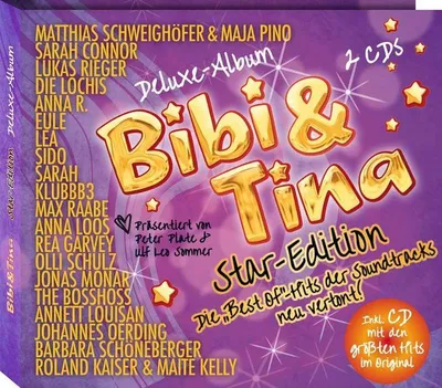 The image shows the cover of a "Bibi & Tina" Deluxe Album CD, featuring a list of artists and promotional text.