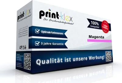 A product box for a magenta ink cartridge, with promotional text and logos.