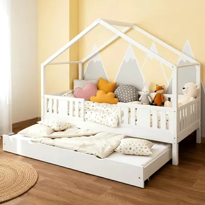 Produktbild von MEBLE WRÓBEL Kinderbett 90x190 cm mit Auszugbett Rausfallschutz und Lattenrost - Einzelbett Jugendbett- Hausbett aus Kiefer Massivholz Weiß - Kleinkindbett für Jungen & Mädchen - Standhöhe 20 cm