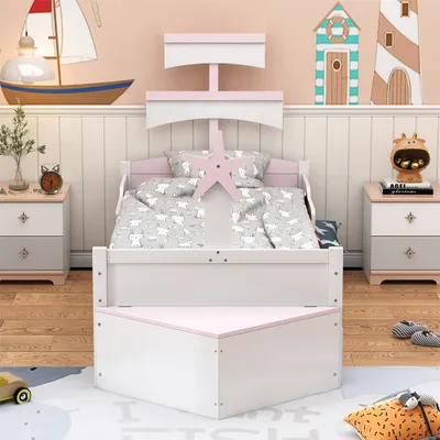 Produktbild von Kinderbett aus Holz, Segelbootform, mit ausziehbares Bett, Stauschrank am Bettende, Einzelbett, Kinderbett, rosa