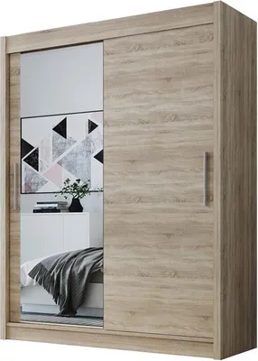 Produktbild von Easy4You D1 150 cm Sonoma Schiebetüren Kleiderschrank 150x200x58 cm mit Spiegel - Schlafzimmermöbel, Aufbewahrung - Mehrzweckschrank