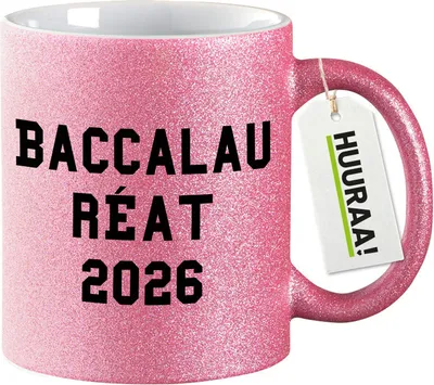 Produktbild von Huuraa Glitzertasse Baccalauréat 2026 Abschluss Frankreich 330ml Pink Keramik Kaffeebecher Geschenkidee