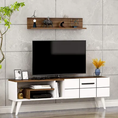Immagine prodotto di HOMIDEA Nora: Mobile TV a basso profilo, mobile TV, parete attrezzata con ripiano a parete. Design moderno (bianco/noce)