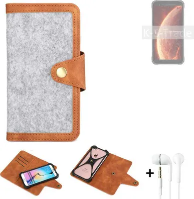Produktbild von K-S-Trade Handyhülle + Kopfhörer kompatibel mit Blackview BV4900 Schutzhülle Filz Hülle Kunstleder hellgrau braun (1x)