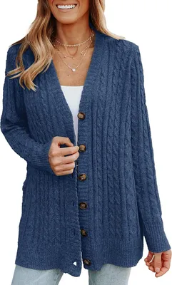 Produktbild von ASKSA Damen Strickjacke Langarm Grobstrick Cardigan Open Front Sweater Casual Strickcardigan Pullover, Dunkelblau, L