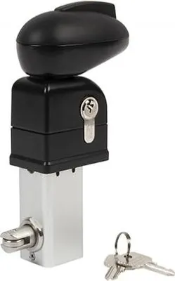 A black and silver lock mechanism with a key.