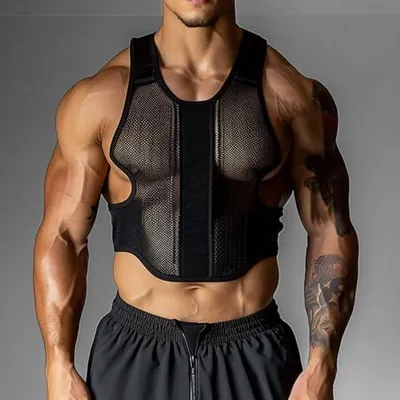 Produktbild von Bauchfreies Herrenoberteil als Muskelshirt mit Ringerrücken und transparenter Spitze für Sport, Fitnessstudio und Yoga