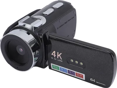 A black digital camcorder with its screen open, shown at an angle against a white background.