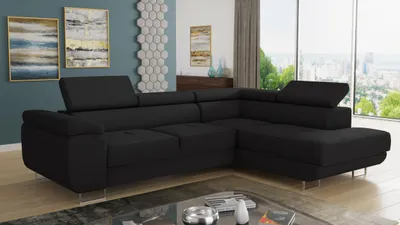 Produktbild von Ecksofa Caris mit Schlaffunktion und einstellbare Kopfstützen, Cord Stoff, Wohnlandschaft mit Bettkasten, Couch, Sofa, Bettsofa (Schwarz (Poso 135), Ecksofa Rechts)