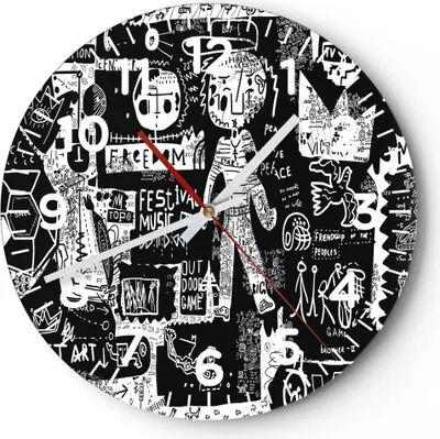 Produktbild von Wanduhr - Rund - Glasuhr - Graffiti modern - 40x40cm - Schleichendes Uhrwerk - Lautlos - zum Aufhängen bereit - Dekoration Modern - Wanddekoration aus Glas - C4AR40x40-3587