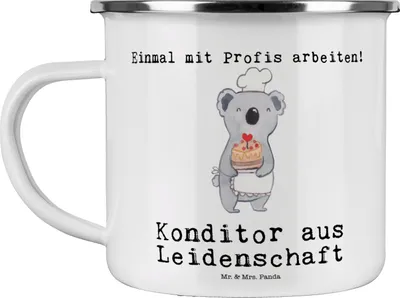 Produktbild von Mr. & Mrs. Panda Pott Konditor Leidenschaft - Weiß - Geschenk, Emaille Tasse, Bäcker, becher, Spruch, Lustig, Teetasse, Haferl