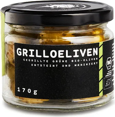 Produktbild von GRILLOELIVEN 170 g von OEL-Berlin. Gegrillte Grüne Bio Oliven