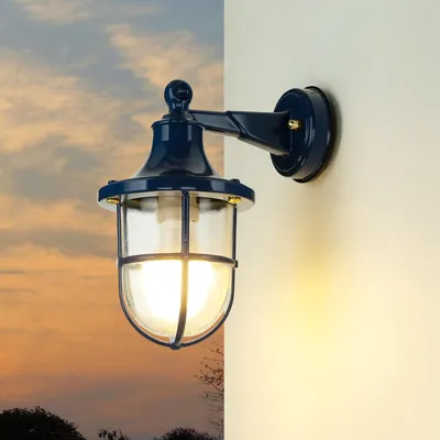 Produktbild von Außenlampe Wand IP64 Blau E27 Glas Messing Maritim Wandlampe außen Garten HausHof