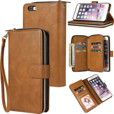 Produktbild von Für Iphone 6/6 Plus/6 Plus/6 Plus/7 Plus/8 Plus Kunstleder Handyhülle Reißverschluss Tasche + Handschlaufe braun