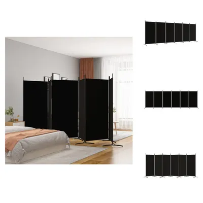 A bedroom scene with a bed and a black room divider.