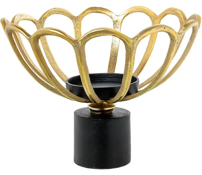Productafbeelding van Theelichthouder van goudkleurig aluminium met een zwarte voet, 31 x 31 x 23 cm