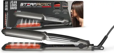 A hair straightener is shown in the foreground, with its packaging in the background.