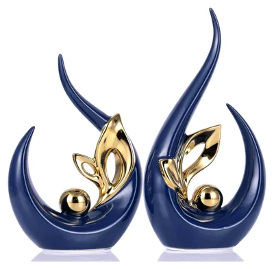 Produktbild von Set aus 2 blauen und goldenen Keramikstatuen, moderne abstrakte Skulpturen, 24 cm Porzellanfiguren für die Wohnraumdekoration