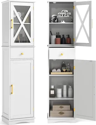 Image de Meuble de salle de bain haut avec étagères réglables, blanc