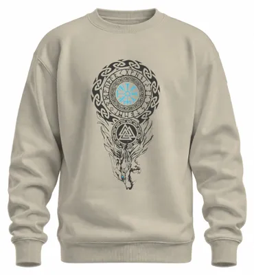 Imagen del producto de Camiseta de cuello redondo con motivos vikingos: runas, brújula, símbolo Vegvisir, lobo, nudo Valknut, estilo nórdico