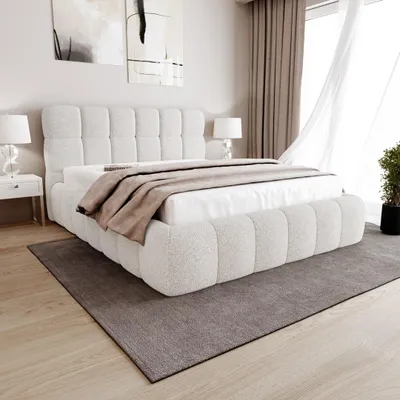 Obrázek produktu pro BEAUTYSOFA | Manželská postel CLEO 140x200 cm, čalouněná postel s úložným prostorem, matrací a topperem, krémová