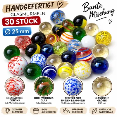 Produktbild von 30 Stück Glasmurmeln 25 mm Bunte Mischung – Handgefertigte Murmeln aus Glas – Große Dekokugeln Sammlermurmeln Murmelspiel Deko, KI-generiertes Bild
