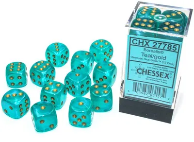 Zdjęcie produktu dla Zestaw świecących kostek Chessex Borealis D6 16 mm niebiesko-zielono-złoty (12 sztuk)